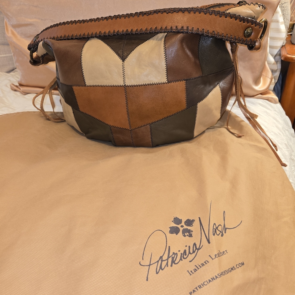 Patricia Nash Brown and Tan Leather Patchwork Bag